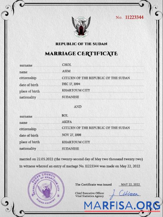 Realistic Sudan marriage certificate PSD template